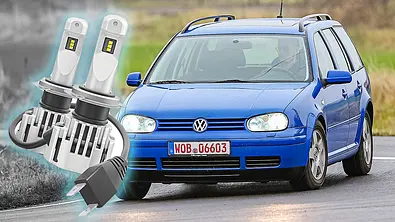 Collage eines VW Golf 4 Variant fahrend von schräg vorne fotografiert, mit LED-Scheinwerfern im Vordergrund. - Foto: Niklas Gotta/Osram/Collage: AUTO ZEITUNG