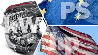 Eine Collage aus einem Automotor, einer Europaflagge und einer USA-Flagge, die mit Schriftzügen der Leistungseinheiten kW, PS und hp versehen ist. - Foto: Imago, Audi; Montage: AUTO ZEITUNG