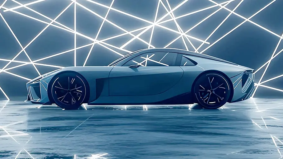 Das Lexus LFA Concept steht vor neon-beleuchtetem Hintergrund, von links fotografiert.
