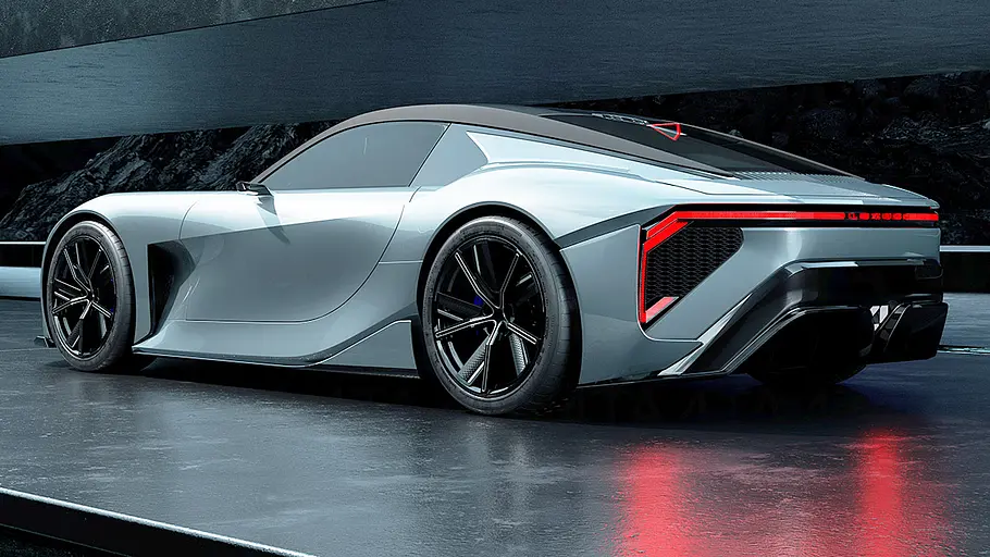 Das Lexus Sport Concept steht auf einer Messebühne, von hinten links fotografiert.