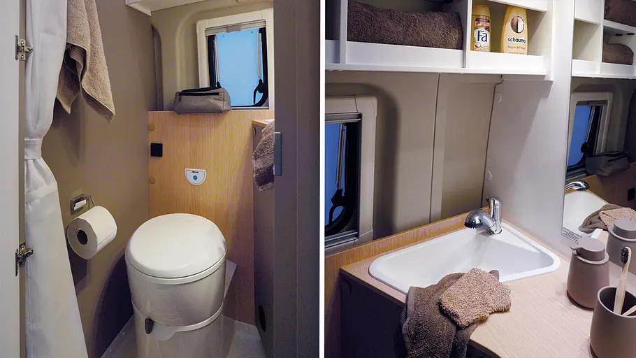Die Collage zeigt das Badezimmer im LMC Innovan Pure 600: links das WC, rechts das Waschbecken.