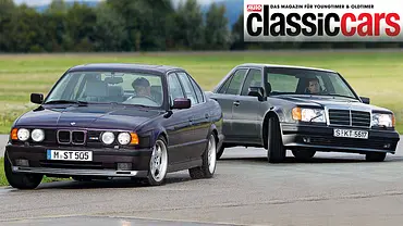 Der BMW M5/Mercedes 500 E fahrend von schräg vorne fotografiert. - Foto: Jürgen Zerha