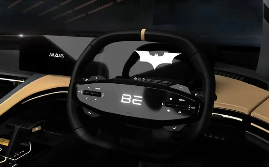 Das Lenkrad des Mahindra BE 6 Batman Edition (2025) Sondermodells.