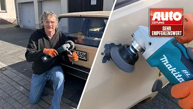 Die Collage zeigt einen Produkttest-Redakteur, der mit einem Makita-Winkelschleifer vor dem Heck eines älteren VW-Polo kniet. Rechts eine Großaufnahme des Winkelschleifers mit Topfbürstenaufsatz in Aktion. - Foto: AUTO ZEITUNG Die Collage zeigt einen Produkttest-Redakteur, der mit einem Makita-Winkelschleifer vor dem Heck eines älteren VW-Polo kniet. Rechts eine Großaufnahme des Winkelschleifers mit Topfbürstenaufsatz in Aktion. - Foto: AUTO ZEITUNG