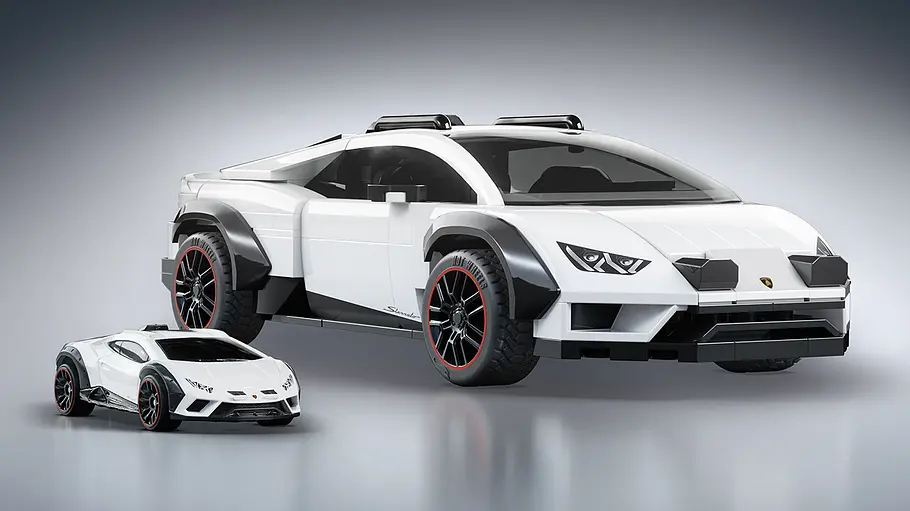 Der Mattel Mattel Brick Shop Lamborghini Huracán Sterrato in Studioumgebung.