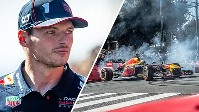 Eine Collage zeigt Max Verstappens Gesicht und Verstappen beim Shwo-Drift in seinem F1-Wagen. - Foto: Imago / Kunihisa Kobayashi, Red Bull Content Pool / Collage: AUTO ZEITUNG