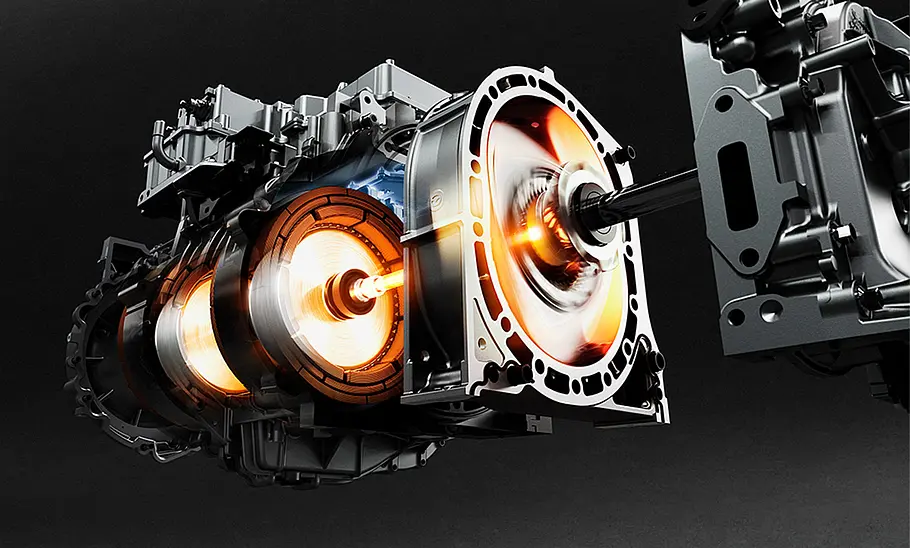 Mazda MX-30 e-Skyactiv R-EV (2023) Eine Explosionszeichnung des Wankelmotors aus dem Mazda MX-30 e-Skyactiv R-EV (2023).