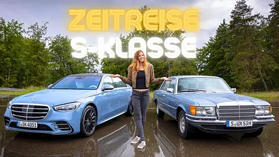 Zwei Mercedes S-Klassen aus unterschiedlichen Baujahren statisch mit Moderatorin. - Foto: Auto Zeitung