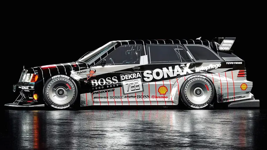 3D-Modell eines Mercedes 190 E Evo T, gezeigt von der Seite.