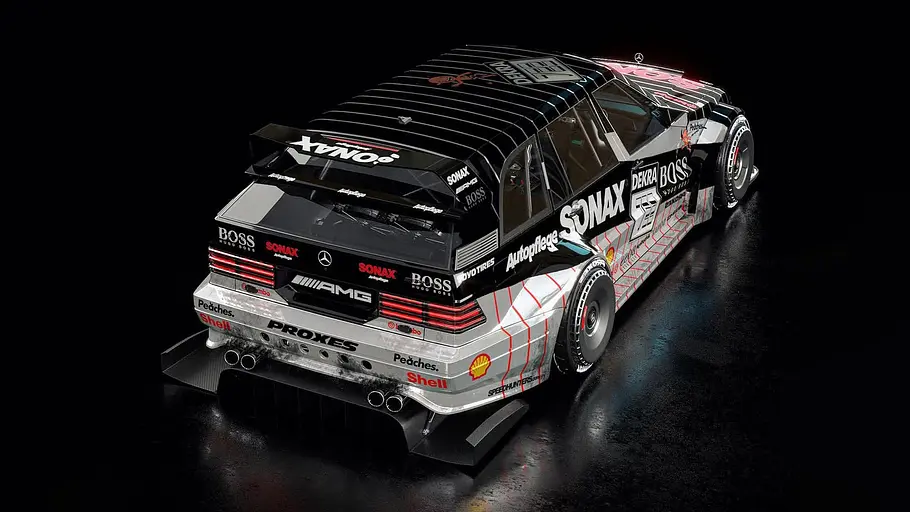 3D-Modell eines Mercedes 190 E Evo T, gezeigt von schräg hinten oben.