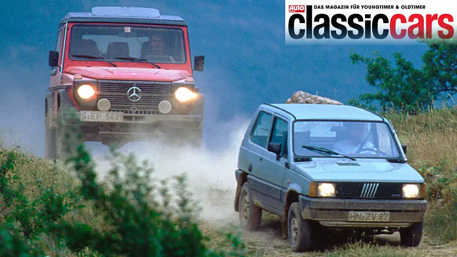 Mercedes 280 GE/Fiat Panda 4x4 fahrend von schräg vorne fotografiert. 