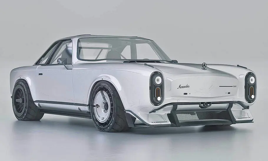 Der Mercedes 28e SL stehend von schräg vorne.