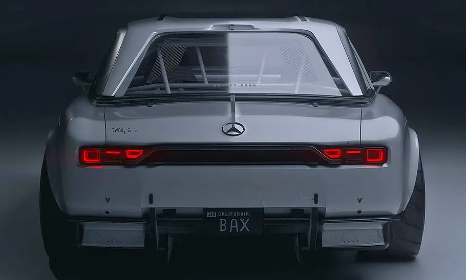 Der Mercedes 28e SL stehend von hinten.