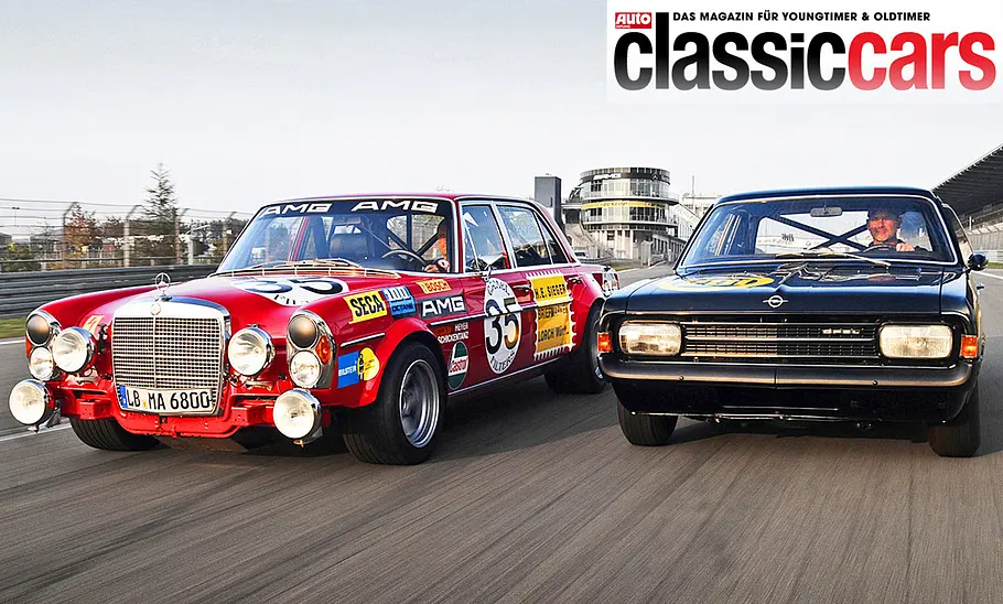Mercedes 300 SEL AMG Rote Sau/Opel Rekord C Schwarze Witwe Mercedes 300 SEL AMG Rote Sau und Opel Rekord C Schwarze Witwe fahrend von vorne