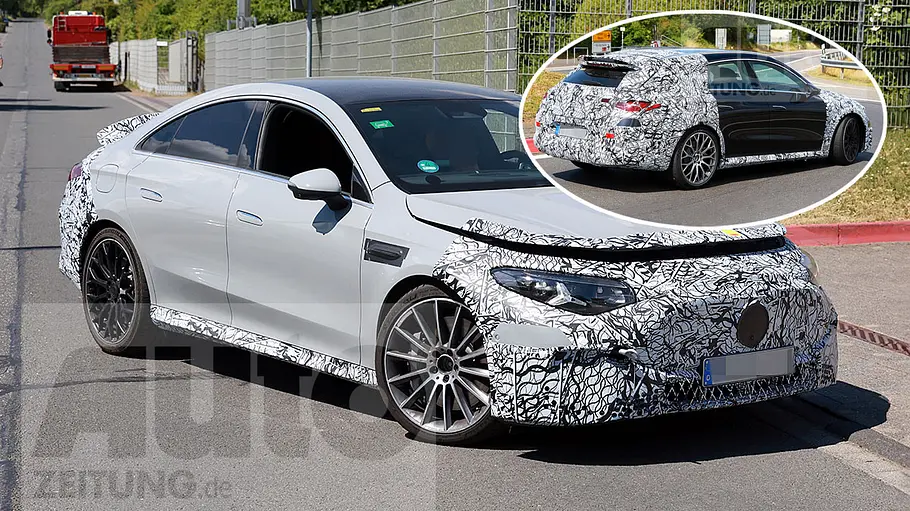 Eine Collage zeigt den getarnten Mercedes-AMG CLA EQ als Limousine und Shooting Brake.