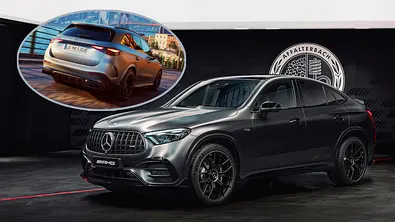 Blick von schräg vorne auf die Coupé-Variante des Mercedes-AMG GLC 53 (2026). Fotomontage mit der Heckansicht des klassischen SUV-GLC 53. - Foto: Mercedes/Collage: AUTO ZEITUNG