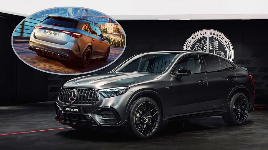 Mercedes-AMG GLC 53 (2026) Blick von schräg vorne auf die Coupé-Variante des Mercedes-AMG GLC 53 (2026). Fotomontage mit der Heckansicht des klassischen SUV-GLC 53.