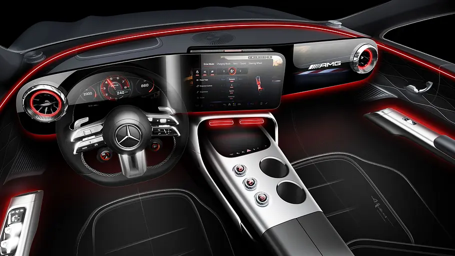 Die Innenaufnahme zeigt das Cockpit und die Vordersitze des Mercedes-AMG GT 4-Türers.