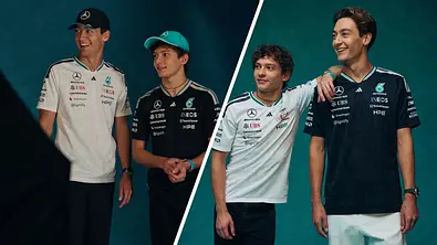 Collage aus verschiedenen Personen, die in der Adidas x Mercedes AMG Petronas F1 Teamwear gekleidet sind. - Foto: Adidas/Collage: AUTO ZEITUNG