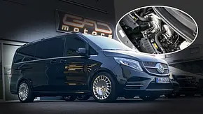 Blick von schräg vorne auf die Mercedes V-Klasse von GAD Motors, eingeklinkt oben rechts zu sehen der Motorraum mit dem V8-Biturbo-Motor. - Foto: GAD Motors