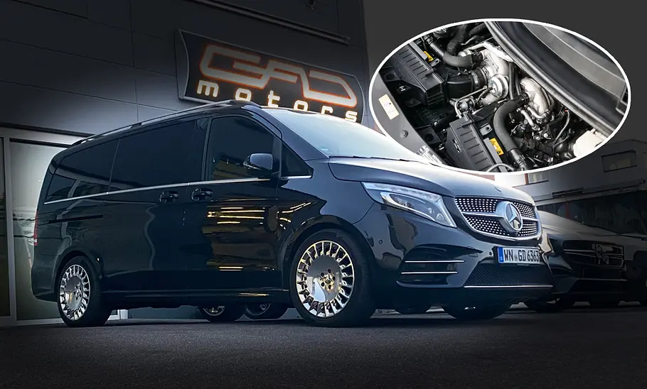 Mercedes V-Klasse von GAD Motors Blick von schräg vorne auf die Mercedes V-Klasse von GAD Motors, eingeklinkt oben rechts zu sehen der Motorraum mit dem V8-Biturbo-Motor.