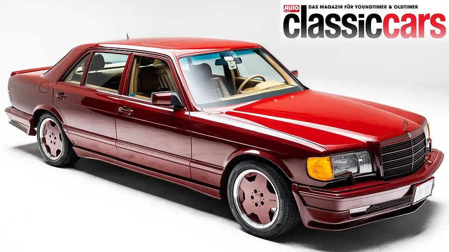 Mercedes-Benz 500 SEL 6.0 AMG Red Baron statisch von schräg vorne fotografiert. 