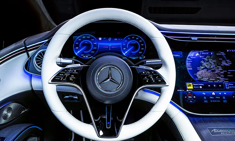 Mercedes EQS Facelift (2024) Mercedes EQS Facelift (2024); Elektroauto, Luxuslimousine, Innenraum, Interieur, Cockpit, Lenkrad