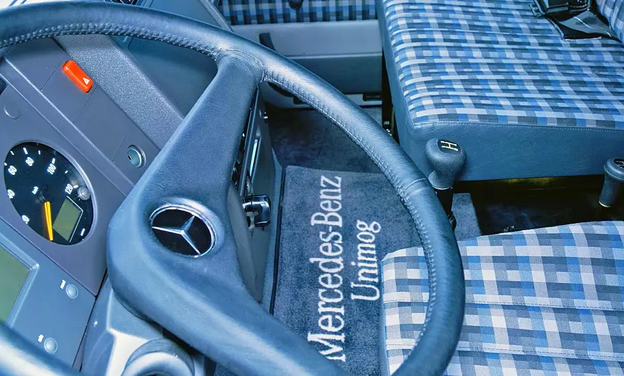 Mercedes Funmog Das Lenkrad des Mercedes Funmog im Ausschnitt.