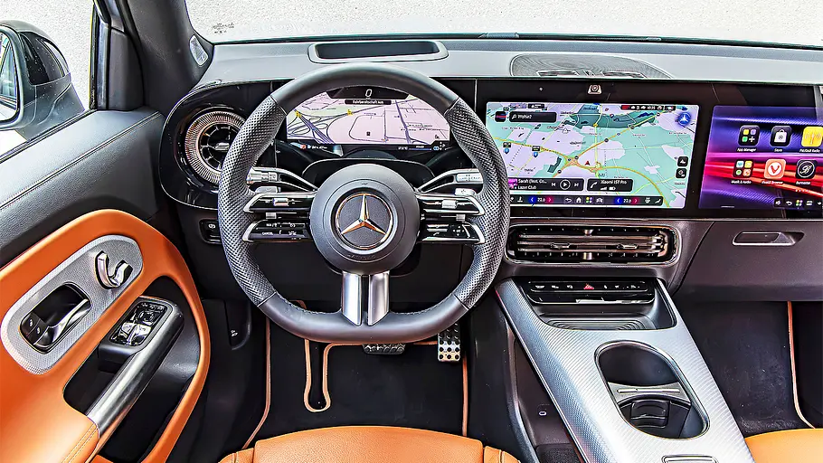 Mercedes GLB 250+ elektrisch (2026) Blick auf die Armaturen im Innenraum des Mercedes GLB 250+ elektrisch (2026).