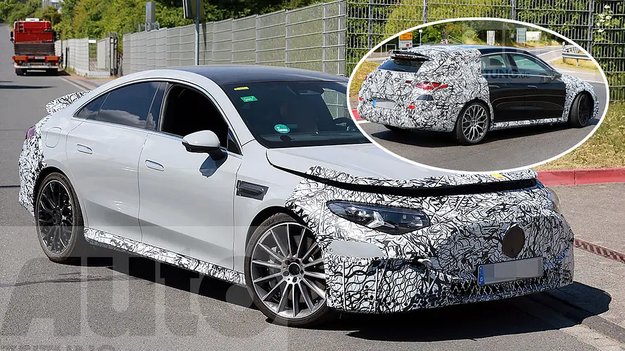 Mercedes-AMG CLA EQ (Shooting Brake) Der Mercedes-AMG CLA EQ (Shooting Brake) biegt als Erlkönig links ab, fotografiert von schräg vorne fotografiert. Eingeklinkt: das Shooting Brake-Modell.