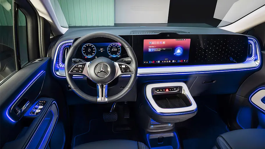Mercedes VLE (2026) Blick auf die Armaturen im Innenraum des Mercedes VLE (2026).