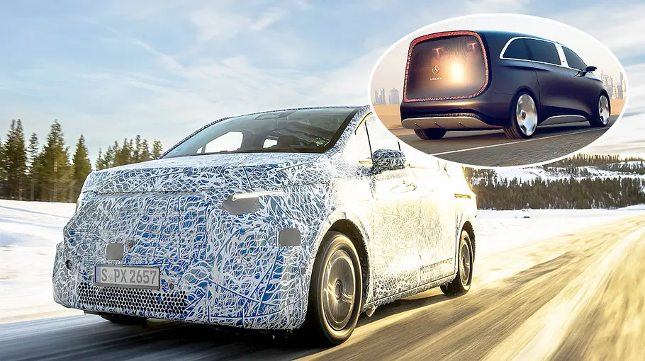 Der Mercedes VLE (2026) fährt als Erlkönig durch eine verschneite Landschaft, von vorne links fotografiert. Oben eingeklinkt: Die Studie Mercedes Vision V fahrend von hinten fotografiert.