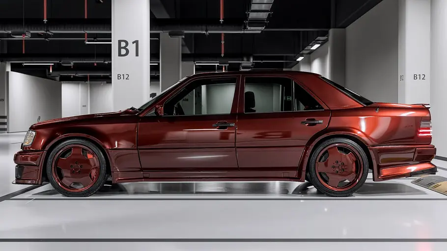 Der Mercedes W124 von Mozy stehend seitlich