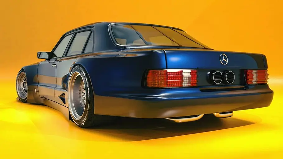 Mercedes W126 Widebody Mercedes W126 Widebody von Karan Adivi, fotografiert von schräg hinten.