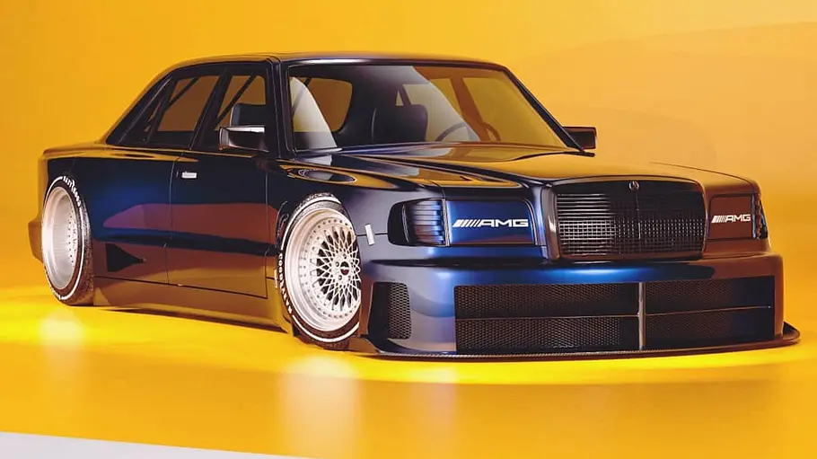 Mercedes W126 Widebody Mercedes W126 Widebody von Karan Adivi, fotografiert von schräg vorne rechts.
