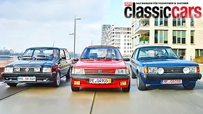 Der MG Metro Turbo, Peugeot 205 GTi und Talbot Sunbeam Lotus fahrend von vorne fotografiert. - Foto: Wim Woeber