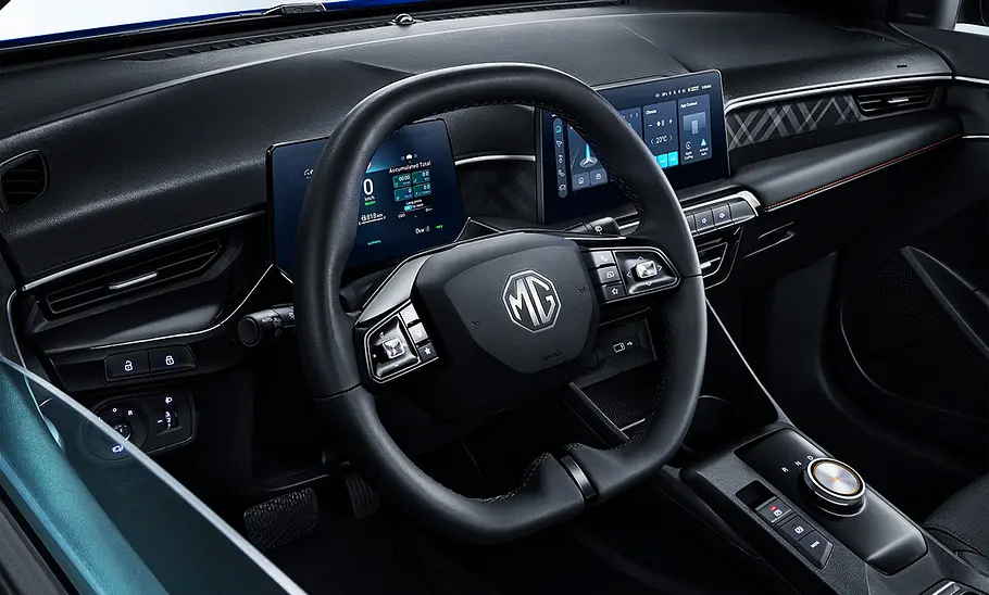 MG3 (2024) Blick auf das Lenkrad im Innenraum des MG3 (2024).
