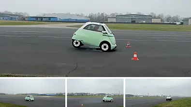 Micro Microlino beim AUTO ZEITUNG-Bremstest: Bilder zeigen, wie das Microcar beim Bremsen fast umkippt. - Foto: AUTO ZEITUNG