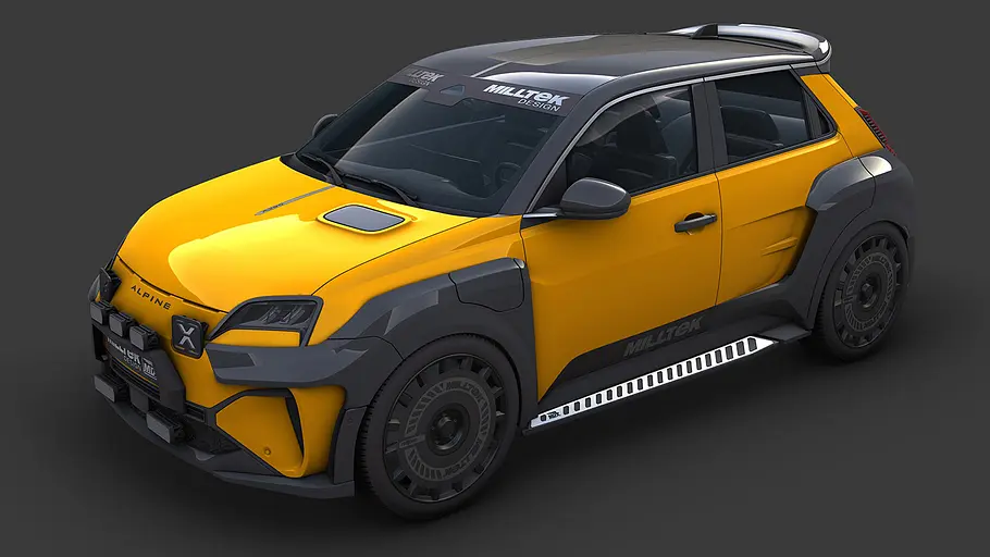 3D-Skizze des Milltek Widebody-Kit für Alpine A290 und Renault 5, von schräg vorne.