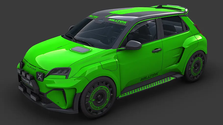 3D-Skizze des Milltek Widebody-Kit für Alpine A290 und Renault 5, von schräg vorne.
