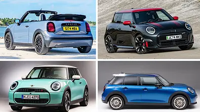 Alle Mini-Varianten: Oben links das Mini Cabrio als Verbrenner von schräg hinten, oben rechts der Mini JCW Electric von schräg vorne, unten links der Mini als Verbrenner und unten rechts der Mini 5-Türer als Verbrenner. - Foto: Mini/Collage: AUTO ZEITUNG