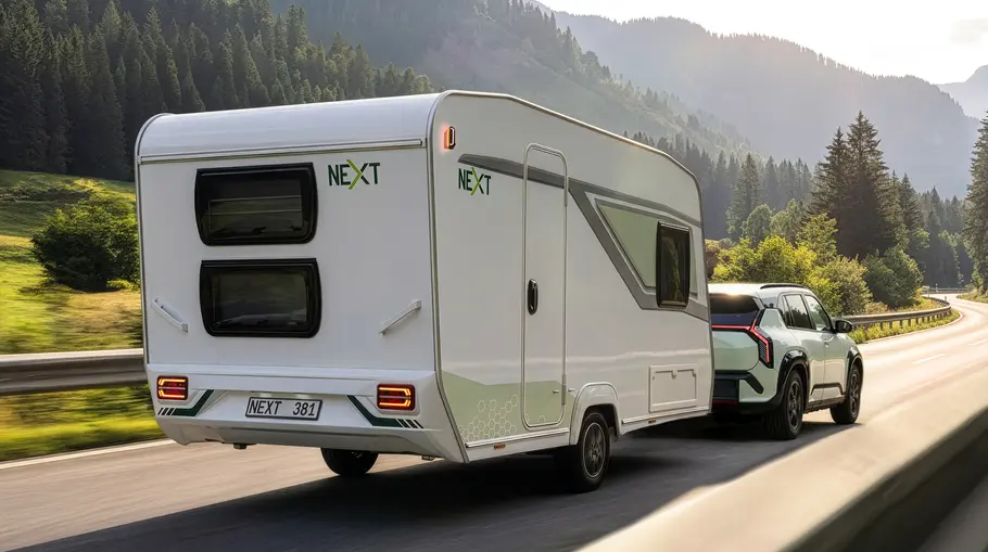 Next 381 Der Next 381 im Gespann mit einem Kia EV3 fahrend von schräg hinten rechts.