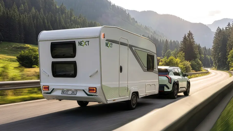 Der Next 381 im Zugbetrieb mit einem Kia EV3 auf einer Landstraße mit Bergen im Hintergrund fahrend von schräg hinten rechts.