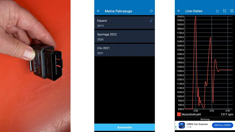 OBD2-Diagnosegeräte im Test Veepeak OBD2-Diagnosegerät im Test (links), fotografiert von oben, mit Screenshots (Mitte und rechts).