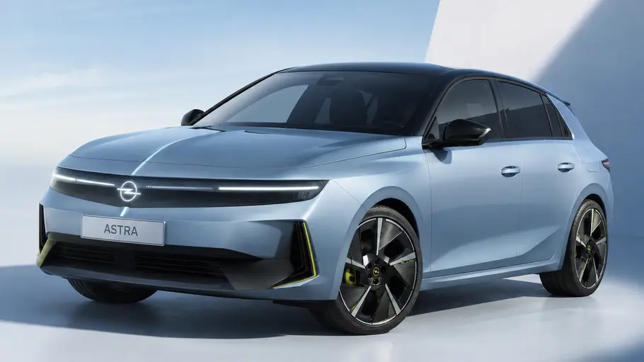 Opel Astra (2029) Blick von schräg vorne auf den KI-generierten Opel Astra (2029).