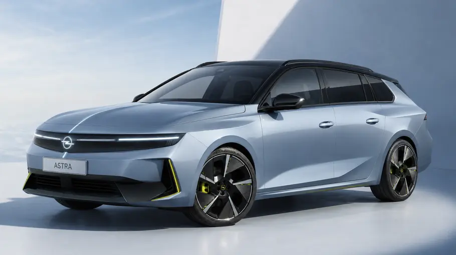 Opel Astra Sports Tourer (2029) Blick von schräg vorne auf den KI-generierten Opel Astra Sports Tourer (2029).