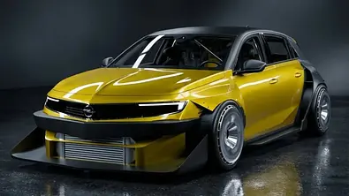 Opel Astra als Widebody-Rendering vor dunklem Hintergrund. Ansicht von vorne links. - Foto: Instagram / m98design