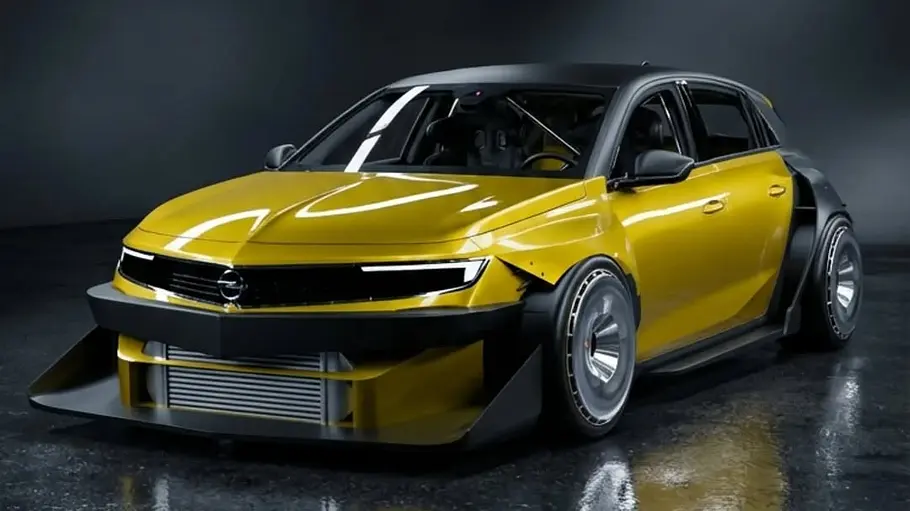 Opel Astra als Widebody-Rendering vor dunklem Hintergrund. Ansicht von vorne links.