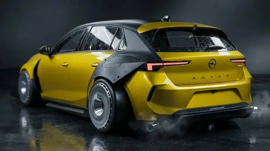 Opel Astra als Widebody-Rendering vor dunklem Hintergrund. Ansicht von hinten links.