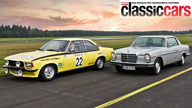 Opel Commodore GS/E/Mercedes 280 CE fahrend von schräg vorne fotografiert.  - Foto: Stefan Bau
